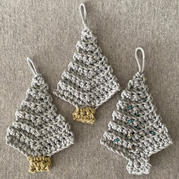 Handmade Crochet Pale Blue/Grey Holiday Christmas Tree Hang Decorations Set of 3 - Picture 2 of 5